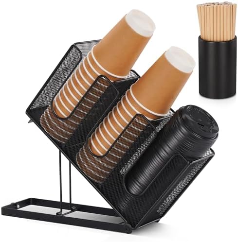 Paper Cup and Lid Holder with Straw Organizer for Coffee Station