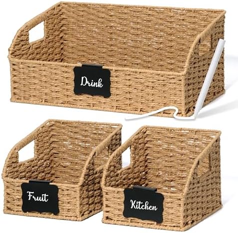 Pantry Baskets for Organizing,Wicker Storage Bins, 3 Pack, Natural