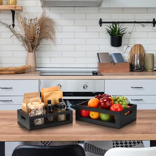 FillTouch 4 Pcs Wooden Nesting Countertop Baskets, Black, Small