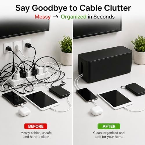 [Set of 3] 3 Cable Management Boxes + 3 Wire Ties, Large Cord Box Organizers to Hold and Hide Power Strip Charger Adapte