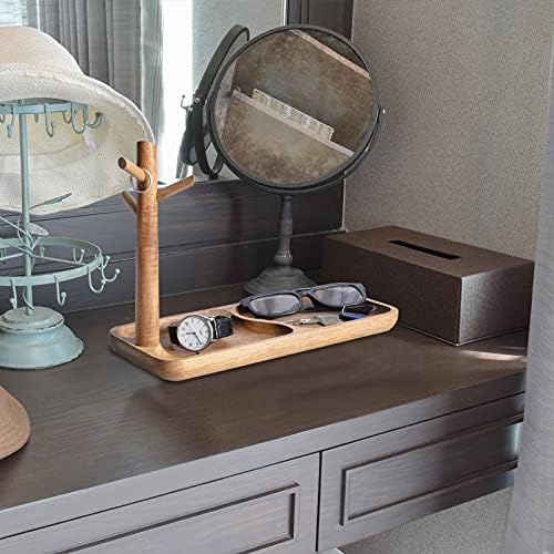 Wood Key Tray for Entryway Table, Jewelry Tray, Catchall Tray with 3 Stand Hanging Organizer, for Rings, Phone, Bracelet