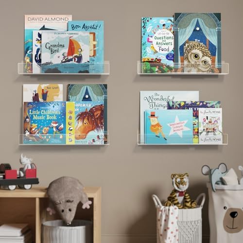 NIUBEE 16.5-Inch Acrylic Floating Bookshelves, 4-Pack, Clear Modern Wall Shelves for Child/Toddler， Invisible Ledge Book Shelves for Multi-Layer or Multi-Room Storage in Kids’ Rooms and Family Spaces