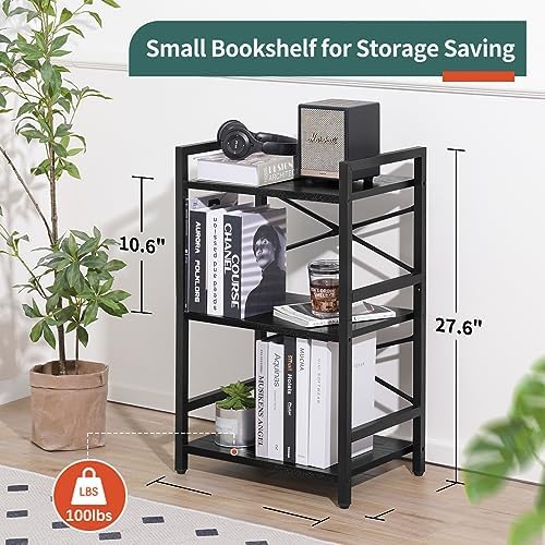 3 Tier Bookshelf, Small Book Shelf, Bookcase with Metal Frame & Wood Shelf