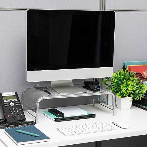 Mind Reader Monitor Stand, Ventilated Laptop Riser, Desktop Organizer, Side Storage, Metal Mesh, 20"L x 11.5"W x 5.5"H, 