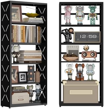 5-Tier Tall Book Shelf, Metal Bookcase with Adjustable Shelves