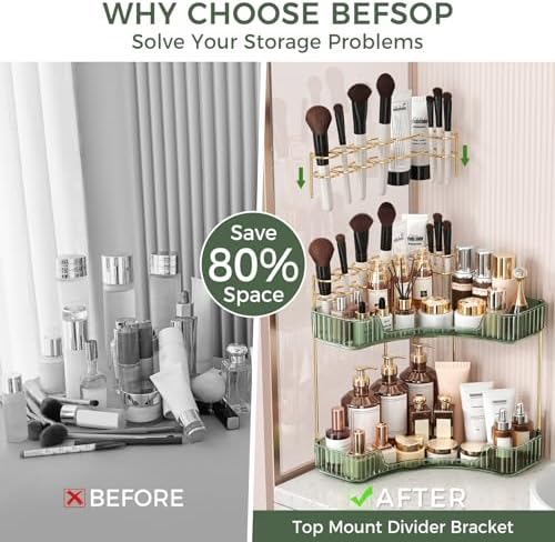 BEFSOP Corner Bathroom Counter Organizer, Upgraded 2-Tier Makeup Organizer Countertop with Makeup Brush Holder, Skincare