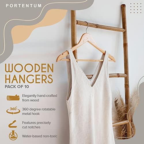 PORTENTUM Wooden Hangers, Pack of 10, Natural Colour. 360º Swivel Hook, All Types of Clothes, Trouser Hangers, Non-Slip 
