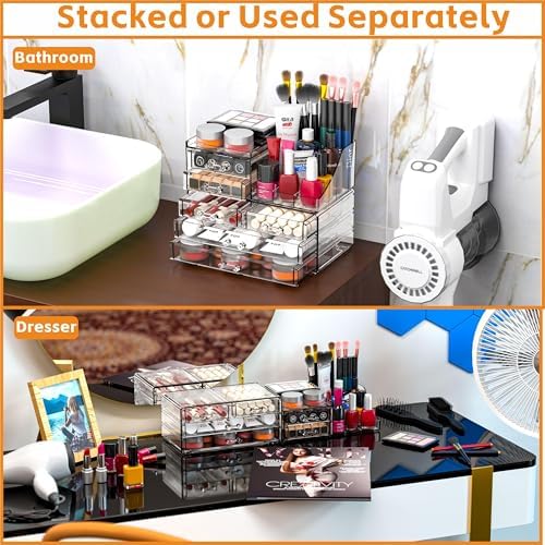 Cq acrylic Make Up Organizers for Vanity With 6 Drawers, 2 Pack Clear Drawer Organizers,Plastic Cute Desk Accessories Or