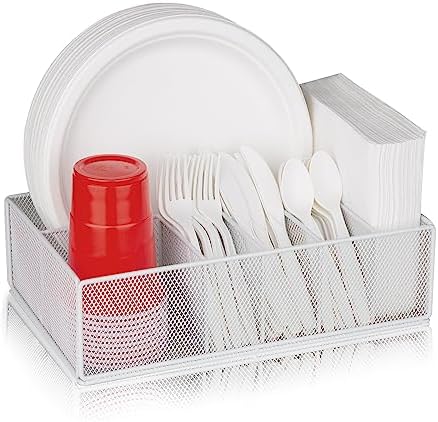 Paper Plate Organizer for Countertop, Metal Silverware Caddy for Cup, Fork, Spoon, Napkin, Paper Plate and Utensil Holde