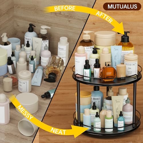 Lazy Susan Organizer 2 Tier - 12.4" Turntable Spice Rack for Table Top, Wooden Rotating Lazy Susan for Cabinet Pantry Ki