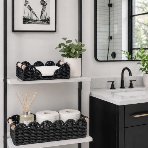 2 Pack Scalloped Paper Rope Toilet Paper Baskets with Wood Handles