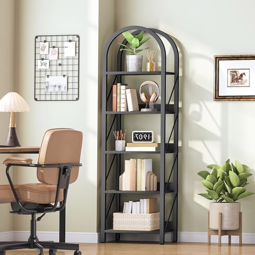 HOOBRO Bookshelf, 5-Tier Arched Bookshelf, Industrial Bookcase with Metal Frame, Tall Book Shelf Storage Organizer for L