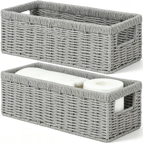 Vagusicc Wicker Storage Basket, Paper Rope Wicker Baskets with Handles, Toilet Paper Basket for Toilet Tank Top, Small Wicke Baskets for Organizing Shelves, 2-Pack, Grey