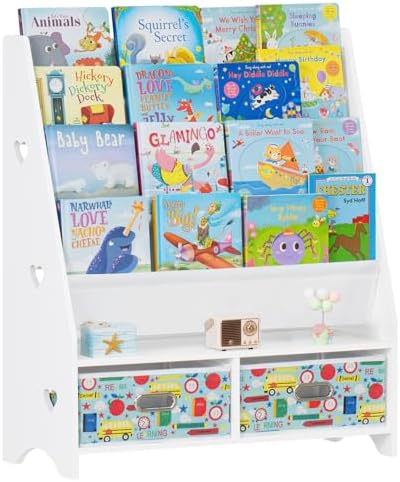 Lerliuo 5 Tier Kids Bookshelf, White Children Sling Book Shelf with 2 Drawers, Baby Toddler Wooden Bookcase and Book Rac