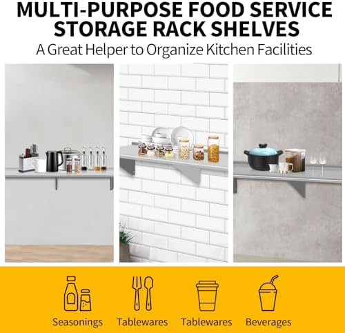 18" D x 60" W Stainless Steel Wall Mounted Shelves, Floating Shelving with Brackets, Commercial Shelf Perfect for Restau