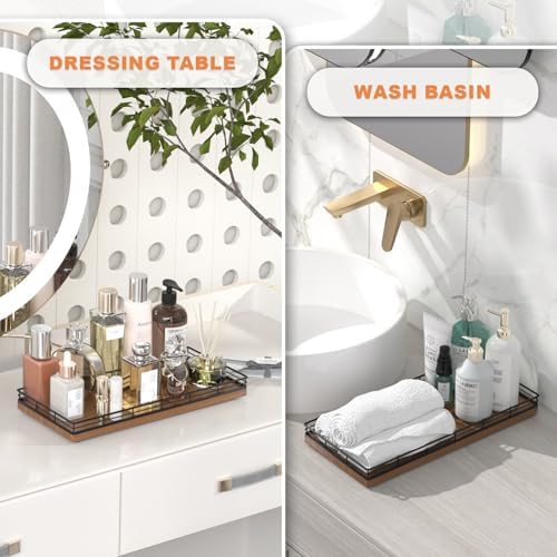 Oak Bathroom Toilet Tank Tray, 13" Wood Back of Toilet Paper Storage Tank Topper Basket, Vanity Tray for Perfume Makeup 