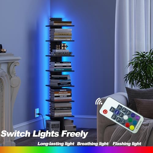 TUTOTAK Book Shelf, Narrow Spine Bookshelf, 8-Tier Bookcase with LED Lights