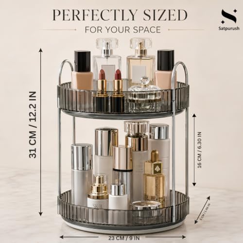 360° Rotating Makeup Organizer, 2 Tier Spinning Cosmetic Organizer for Vanity & Bathroom Countertop, Holds Tall Skincare