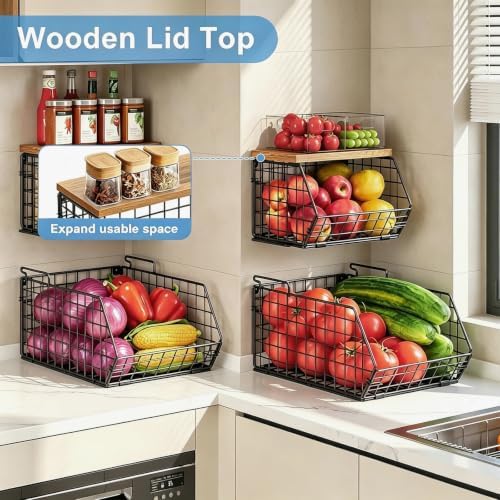 Potato and Onion Storage Bin with Wooden Top, 2-Tier Stackable Wire Basket