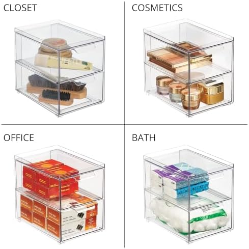 mDesign Stackable Storage Containers Box with 2 Pull-Out Drawers - Stacking Plastic Drawer Bins for Kitchen Pantry and C