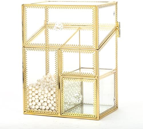 HKS Vintage Makeup Organizer Gold Glass Brush Holder with Lid Storage Dustproof Cosmetics Case with Pearls for Vanity De