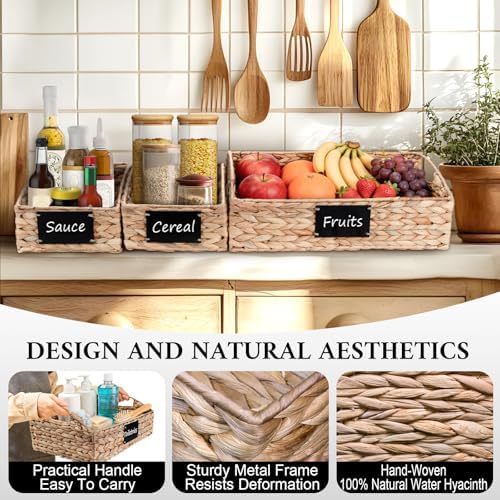 Hand-Woven Pantry Baskets for Organizing, Large Wicker Storage Baskets for Shelves with Labels, 2 Chalk Markers & Handle