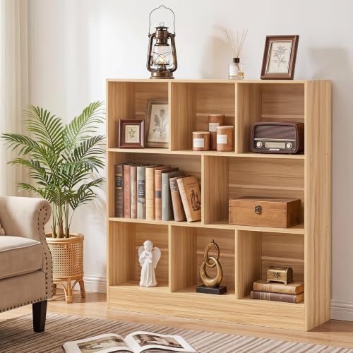 YAHARBO 3 Tier 8 Cube Horizontal Bookshelf,Low Bookcase for Sleves,Natural