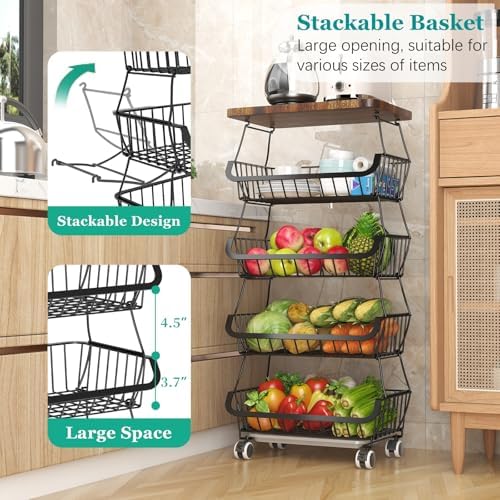 CHLORYARD Fruit Basket with Wooden Lid for Kitchen, 5-Tier Stackable Wire Fruit Vegetable Storage Basket Organizer Stand
