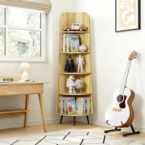 VECELO 5-Tier Curved Corner Shelf, 66.93" Tall Display Rack, Natuarl Wood | Curved modern design, 5 open tiers, 66.93" t