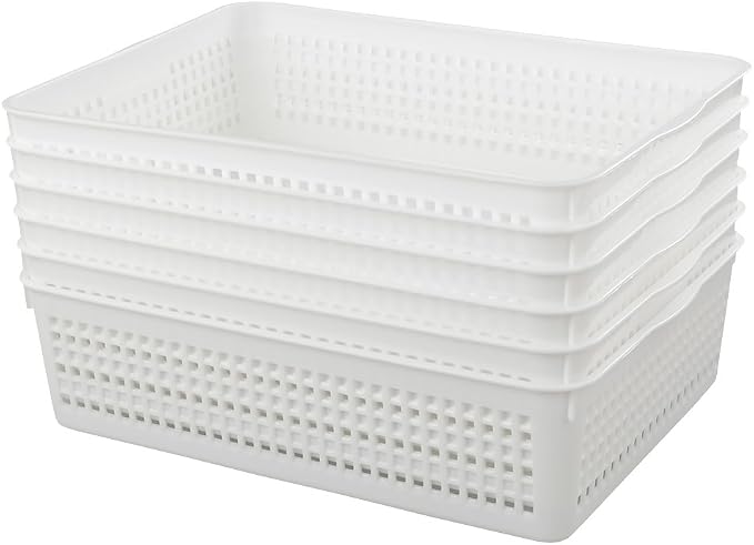 Plastic Storage Trays Baskets/Organizing Baskets, Set of 6 (White) | 13.2 Inches x 9.6 Inches x 3.6 Inches, Perfectly Fits A4 Papers, Documents and Daily Small Supplies