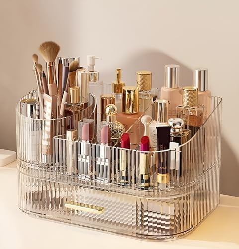 Makeup Organizer with Drawers, 360° Rotating Brush Holder
