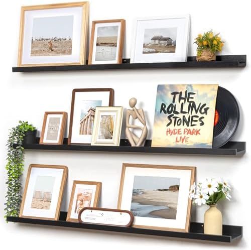 FLYJOE Picture Ledge Wall Shelves 48 inches Width Set of 3, Solid Pine Wood Rustic Floating Ledge Shelves for Wall for Kids' Room Bedroom Kitchen Bathroom Long Floating Shelves for Wall Decor, Black