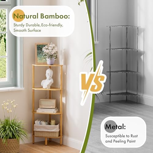 Corner Shelf Stand, 4 Tier Bamboo Corner Organizer, Narrow Tall Bookcase, Corner Shower Caddy, Plant Display Shelf, Open