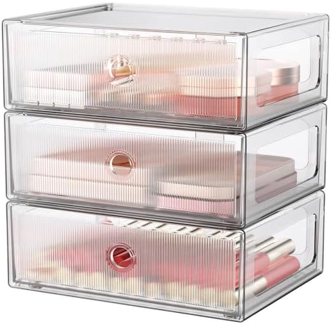 3 Tier Clear Makeup Drawer, PET Cosmetic Storage Organizer for Dresser, Countertop & Bathroom Vanity, Holders for Lipsti