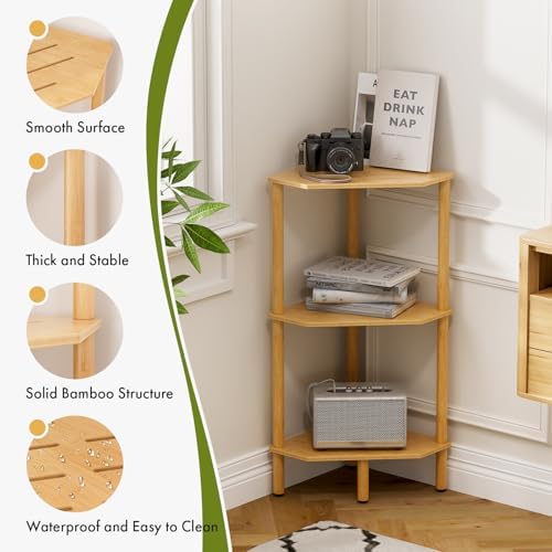 3 Tier Bamboo Corner Shelf, Storage Stand with Adjustable Feet, Small Spaces Corner Bookshelf, Plant Stand, Space-Saving