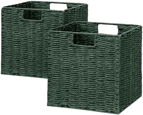Vagusicc Wicker Storage Basket, Set of 2 Hand-Woven Paper Rope Wicker Basket, Foldable Cube Storage Bins, Square Large S