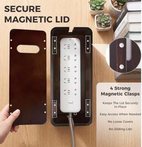 Large Wooden Cable Management Box, Cord Organizer for Power Strip, Surge Protector & Chargers, Ventilation Holes & Multi