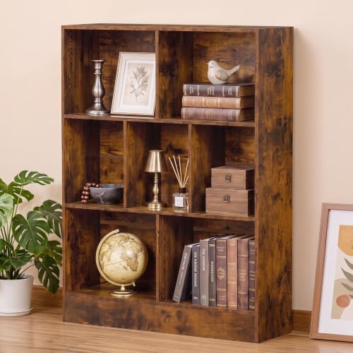 YAHARBO 3 Tier 7 Cube Mini Thin Bookshelf, Short Shallow Bookcase, Brown