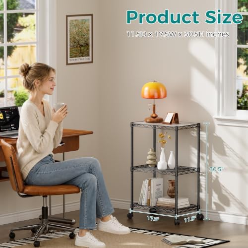 SINGAYE Bookshelf Shelves Bookcase Shelf 3 Tier Wire Shelving with Wheels