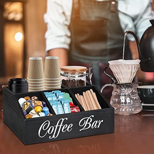 ugiftt Coffee Station Organizer for Counter, Wood Coffee Pods Holder Storage Basket, Tea Condiment Storage Organizer, Ru