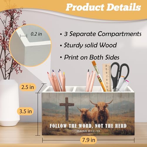 Christian Highland Cow Pen Holder Organizer for Desk Accessories, Follow the Word Not the Herd Bible Verse Rustic Highland Cow Wooden Box Sign Desk Decorations for Home Office Decor