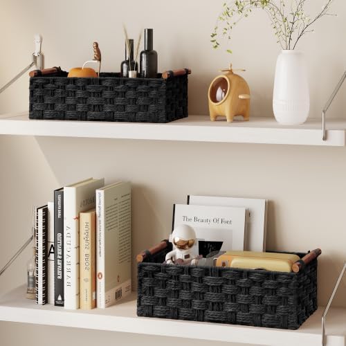 Vagusicc Wicker Storage Basket, Set of 2 Hand-Woven Paper Rope Wicker Basket for Organizing with Handle Decorative Stora