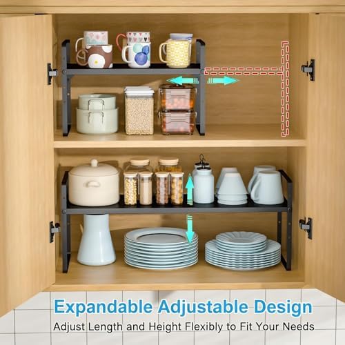 Set of 2 Expandable Cabinet Shelf Organizer, Stackable Kitchen Countertop Shelves Spice Racks, Small Metal Storage Shelf