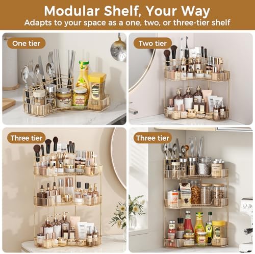 BEFSOP Corner Bathroom Counter Organizer, Upgraded 2-Tier Makeup Organizer Countertop with Makeup Brush Holder, Skincare