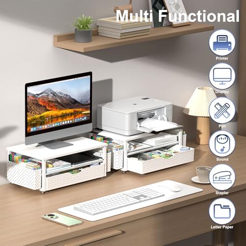 Spacrea Computer Monitor Stand with Drawer and 2 Pen Holders, White
