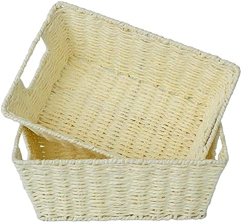 JS HOME Wicker Storage Baskets with Liners, Round Paper Rope Storage Baskets with Built-in Handles Handwoven Shelf Baske