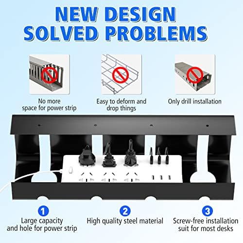 Under Desk Cable Management Tray, No Drill 2 x 15.7 in Steel Tray With Wire and Cord Organizer, 2Pack Black Cable Racewa