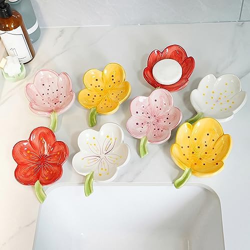 Self-Draining Soap Dish Flower Shaped Cute Shower Soap Container for Kitchen, Bathroom, Bedroom, Tulip, White