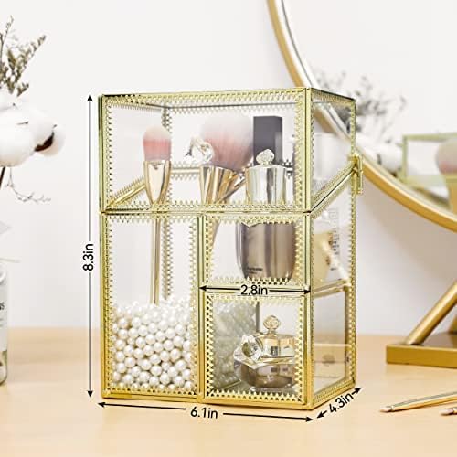HKS Vintage Makeup Organizer Gold Glass Brush Holder with Lid Storage Dustproof Cosmetics Case with Pearls for Vanity De