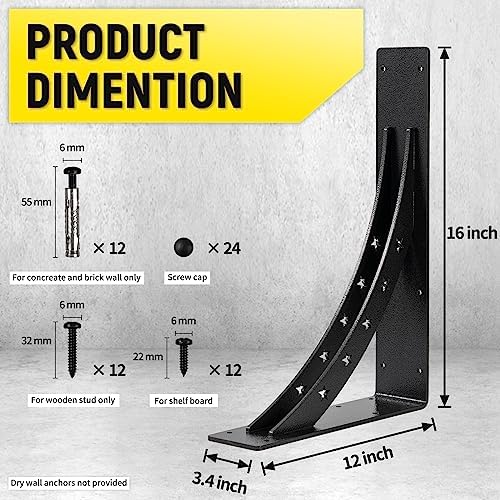 16 inch x 12 inch Heavy Duty Shelf Brackets，max Load 900 LBS,Premium Alloy Metal Mantel Brackets , (Set of 2) Countertop